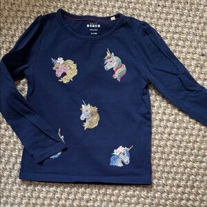 Boden Navy Kids Shirt with Colorful Unicorns Size 5/6